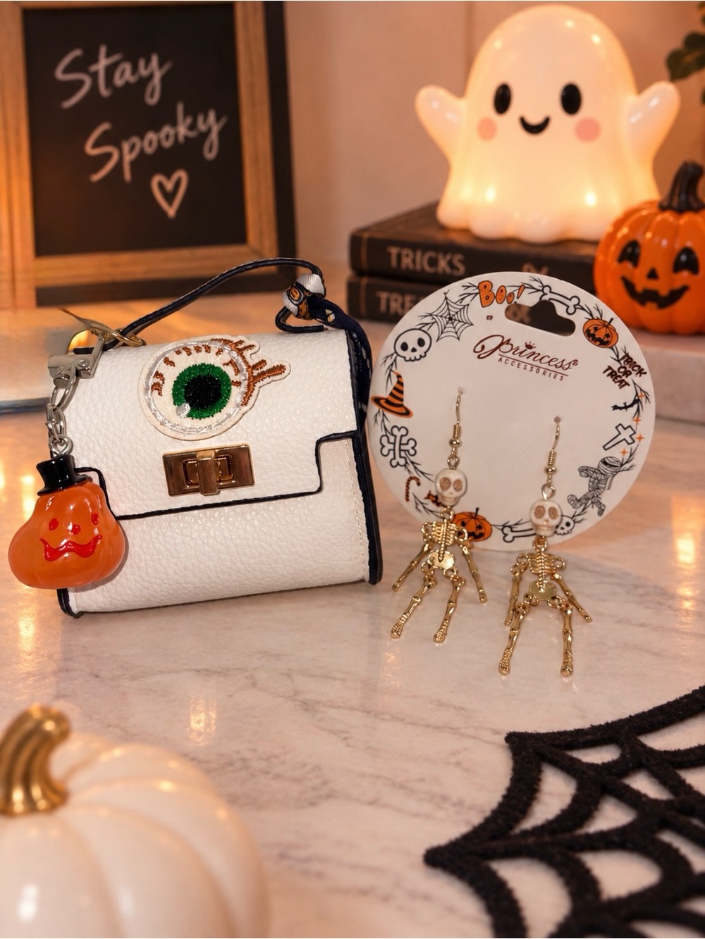 Mini Bag Keychain w/Halloween Patch, Glow in the Dark Pumpkin Charm & Earrings